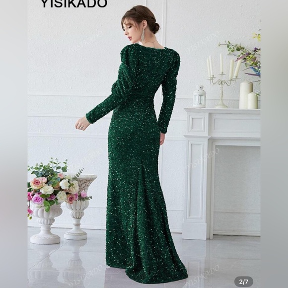 Giffniseti Sequined Emerald Green Mermaid Evening Gown Puff Sleeves Rosette S - Picture 4 of 13